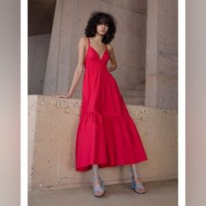 A.L.C. Red Rhodes Cotton Poplin Maxi Dress 8 Tiered Resort Colorful‎ Open Back